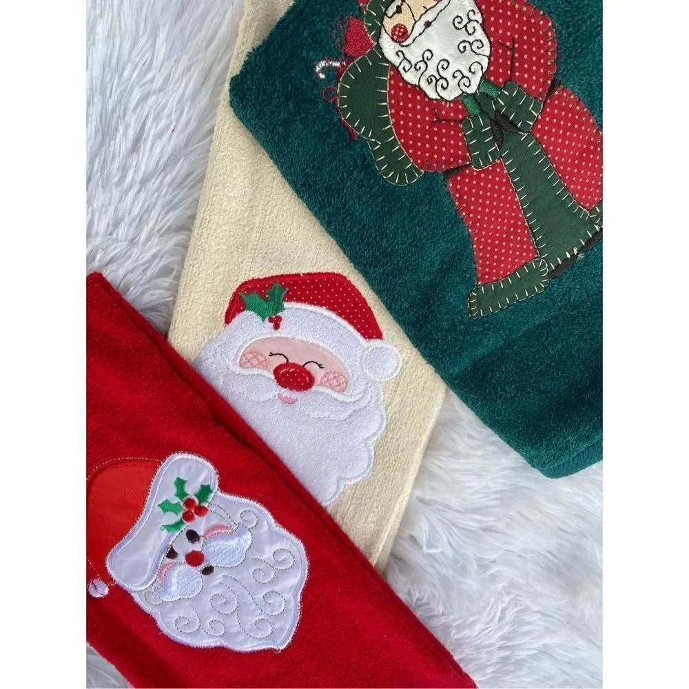 NWT NEW 3 PC Red Cream Green Christmas Vintage Santa Hand Towels